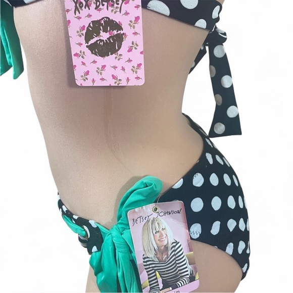 Betsey Johnson Black and White Polka Dot Bikini Green Ribbon Tie Bows Retro L - Picture 3 of 4